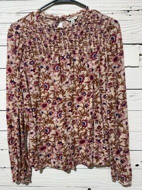 Lucky Brand Floral Smocked Long-Sleeve Blouse - Pink, Brown, Navy